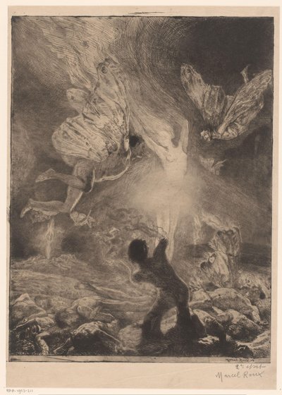 Plamen ve tvaru ženy, obklopený muži s křídly, která hoří a narážejí femme flamme Dívka rozkoše (název seriálu) Fille de Joie (název série na objektu) od Marcel Roux (signed by artist)