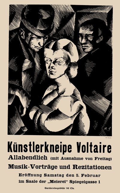 Plakát k otevření Cabaret Voltaire dne 1916-02-05 - Marcel Slodki (1892-1944). Litografie od Marcel Slodki