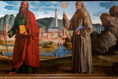 Sv. František přijímající stigmata mezi svatou Klárou a Petrem, blahoslaveným Bartolomějem z Breganze a sv. Pavlem a Bernardinem, detail od Marcello Fogolino