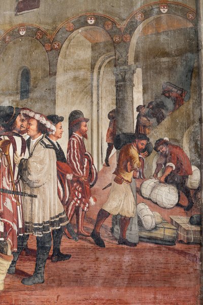 Lovecká scéna, detail návštěvy Kristiána I. Dánského u Bartolomea Colleoniho, Síň cti od Marcello or Romani Girolamo (Romanino) (c.1485 c.1566) (attr.to) Fogolino