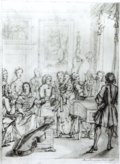 Koncert v Montague House, 1736 (pero a inkoust přes tužku na papíře) od Marcellus the Younger Laroon