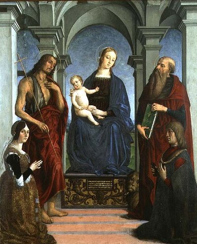 Madona s dítětem se sv. Jeronýmem a sv. Janem Křtitelem a donátory (panel) od Marco (attr. to) Meloni