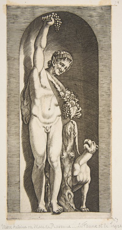 Faun stojící ve výklenku drží pravou rukou hrozen a ..., ca. 1515-27. od Marco Dente