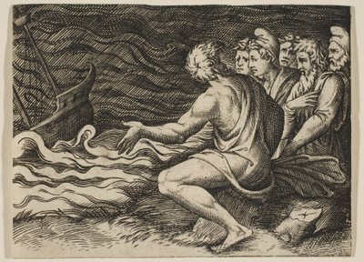 Skupina postav vpravo, která je svědkem ztroskotání, ca. 1515-27. od Marco Dente
