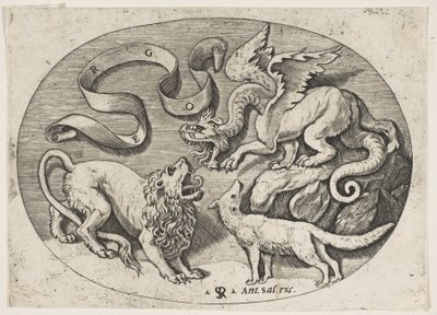 Lev, drak a liška bojující proti sobě, nahoře vepsaný banderole, oválný c..., ca. 1515-27. od Marco Dente