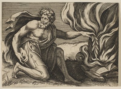 Muž klečí a klade vavřínovou větev na hromadu hořících knih, ca. 1515-27. od Marco Dente