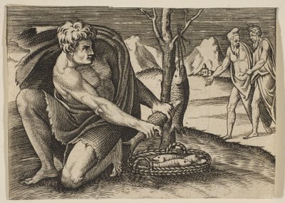 Muž klečící vedle košíku s rybami a jednu si bere oběma rukama, dva muži u ..., ca. 1515-27. od Marco Dente