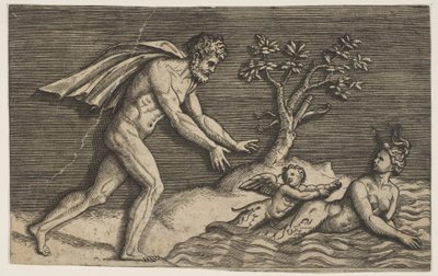 Nahý muž vrhající naiadu a cupida do vody, ca. 1515-27. od Marco Dente