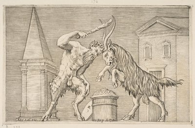Satyr a beran na sebe útočí, satyr třímá kyjem pravou rukou..., ca. 1515-27. od Marco Dente