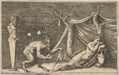 Satyr objevující spící ženu, dva krabi visící na laně, které je navlečeno..., ca. 1515-27. od Marco Dente