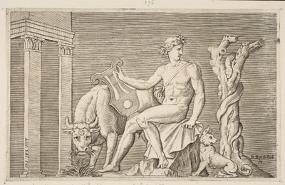 Apollo se staral o stáda Admetus, Apollo seděl, držel lyru a lemoval ho..., ca. 1515-27. od Marco Dente