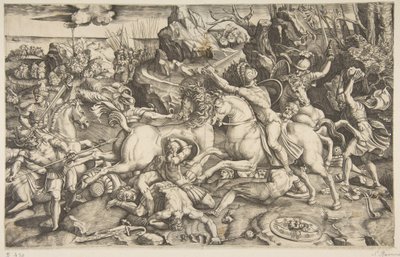 Bitevní scéna v krajině s vojáky na koních a několika padlými muži, další..., ca. 1520. od Marco Dente