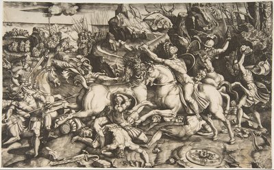 Bitevní scéna v krajině s vojáky na koních a několika padlými muži, další..., ca. 1520. od Marco Dente