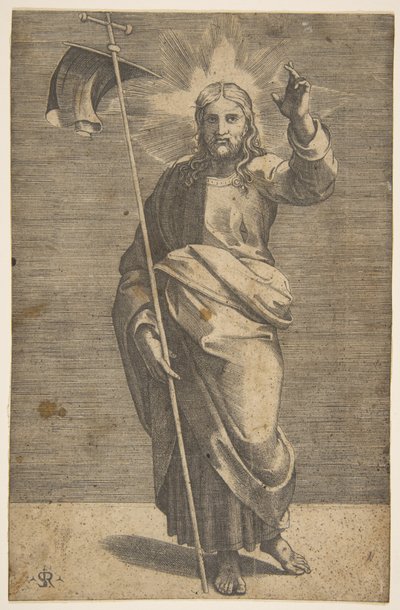 Kristus stojí čelem vpřed, drží kříž s praporem a zvedá levou ..., ca. 1515-27. od Marco Dente