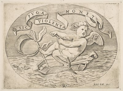 Eros Unikající po moři, Amor pomocí své přídě poháněl člun vyrobený z jeho toulce..., ca. 1515-27. od Marco Dente