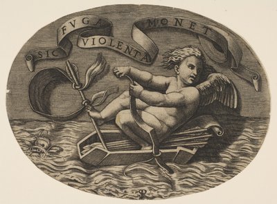 Eros prchající po moři pomocí luku k pohonu člunu vyrobeného z jeho toulce s ar..., ca. 1515-27. od Marco Dente