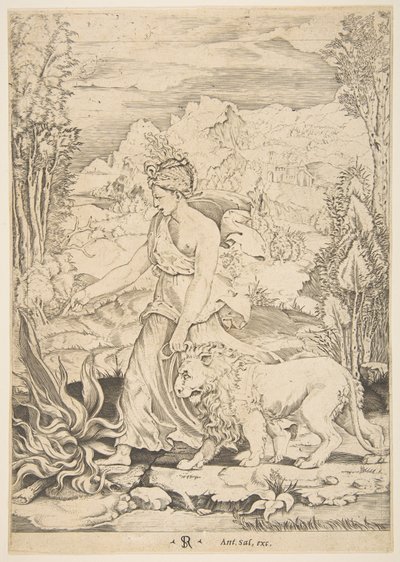 Odvaha v pohledu z profilu kráčí směrem k ohni vlevo a vede zapřaženého lio..., ca. 1515-27. od Marco Dente
