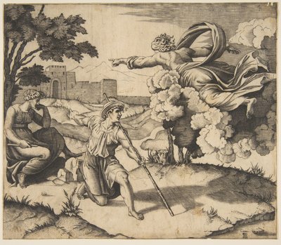 Bůh se zjevuje Izákovi, Bůh plující v oblacích mířící k Rebece sedící pod..., ca. 1515-27. od Marco Dente