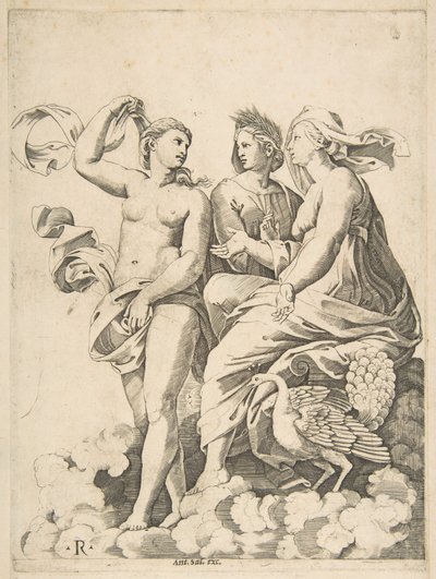 Juno, Ceres a Psyche v oblacích konverzují, Juno sedí s pávem u ní..., ca. 1515-27. od Marco Dente