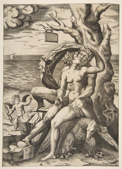 Jupiter a Semele se objímají, pod nimi orel, vpravo strom s prázdným t..., ca. 1515-27. od Marco Dente