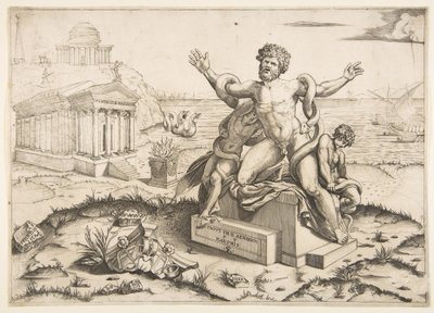 Laocoön a jeho dva synové byli napadeni hady na podstavci, chrám Mi..., ca. 1515-27. od Marco Dente