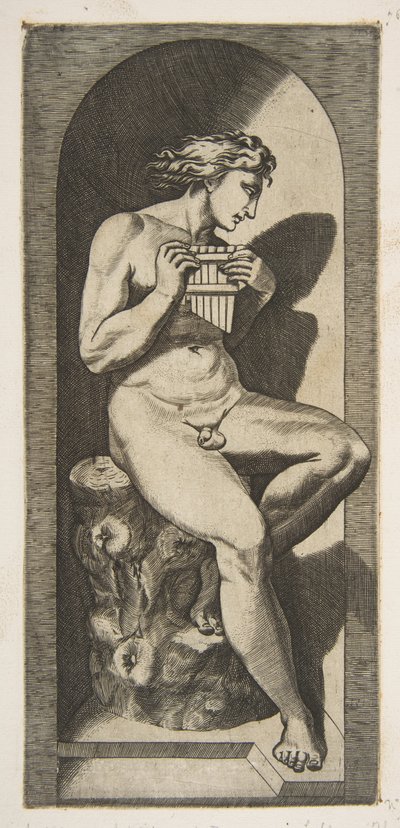 Olympus nahý sedící na pařezu držící trubky, zasazený do výklenku, ca. 1515-27. od Marco Dente