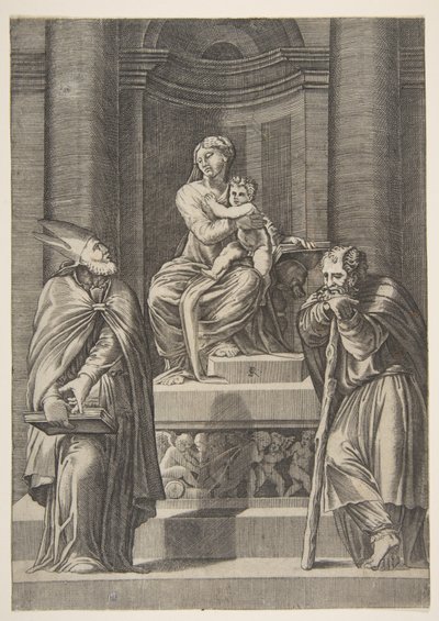 Svatý Josef vlevo a biskup vpravo stojící před oltářem Panny Marie ..., ca. 1515-27. od Marco Dente