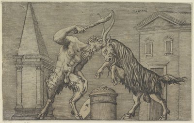 Satyr a beran v bitvě Starožitné reliéfy (název série) od Marco Dente