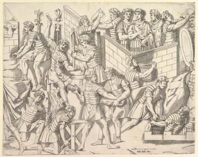 Speculum Romanae Magnificentiae: Římští vojáci opevňující svůj tábor, z Trajanu..., 16. století. od Marco Dente
