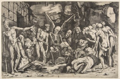 Kostlivci, skupina vyhublých mužů a žen shromážděných kolem kostry položené na..., 1515-27. od Marco Dente