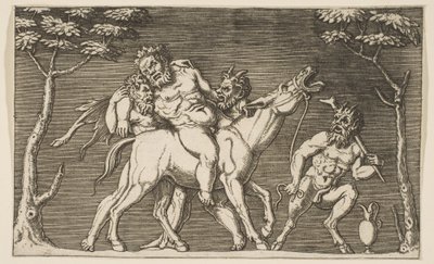 Dva satyrové umisťující Silena na řvoucího mezka a třetí satyr vpravo, ca. 1515-27. od Marco Dente