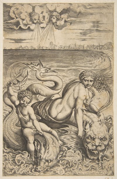 Venuše a Cupid jedoucí na dvou mořských příšerách, Amor zvedá šíp v pravé ruce, t..., ca. 1515-27. od Marco Dente