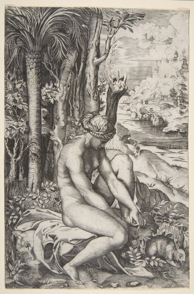 Venuše si sundala trn z levé nohy, když seděla na látce vedle stromů, ..., ca. 1515-27. od Marco Dente