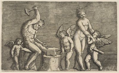 Vulcan seděl a bušil na kovadlině lemované Venuší a třemi amorky, ca. 1515-27. od Marco Dente