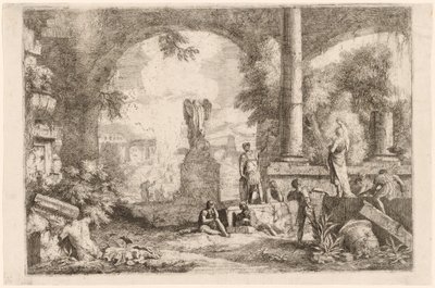 Capriccio antických ruin s muži hledícími na klasického řečníka od Marco Ricci