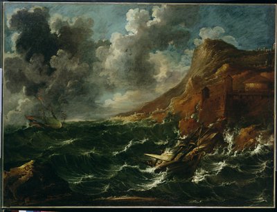 Ships in a Gale, kolem 1705-08 (olej na plátně) od Marco Ricci