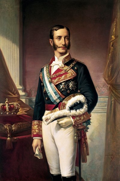 Portrét Alfonse XII., španělského krále (olej na plátně) od Marcos Giraldez de Acosta