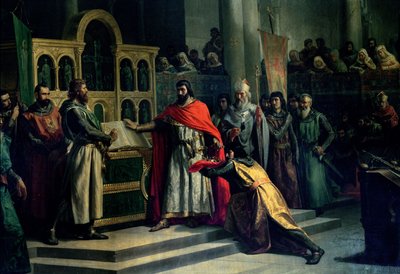 Přísaha Santa Gadea, El Cid Campeador (asi 1043-1109) vyjímá přísahu Alfonse VI. (asi 1040-1109), krále Kastilie, že v roce 1072 se nijak nepodílel na vraždě svého bratra. Sancho II (asi 1083-1072) (olej na plátně) od Marcos Hiraldez de Acosta