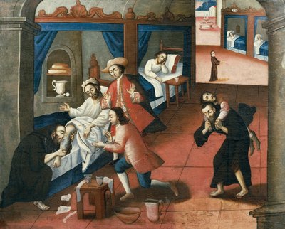 Náboženští muži ošetřující pacienta v nemocnici St. Andrew Hospital, Cuzco (olej na plátně) od Marcos Zapata