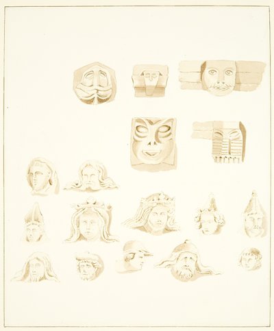 5 Grotesque Heads in the Belfry of Bristol Cathedral a 12 dalších (tužka a akvarel na papíře) od Marcus H. Homes