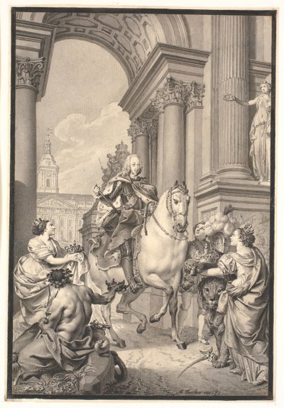 Příprava na obraz: Dánsko a Norsko vzdávají hold Chr. VI (spáleno s Christiansborg 1794) od Marcus Tuscher