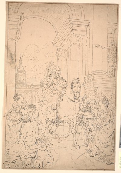 Návrh obrazu: Dánsko a Norsko vzdávají hold Chr. VI (spáleno s Christiansborg 1794) od Marcus Tuscher