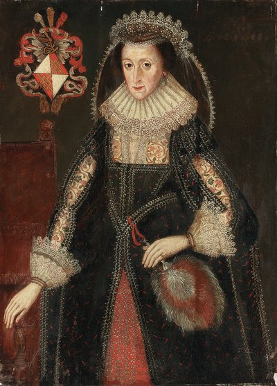 Portrét lady Eleanor Duttonové, tříčtvrteční, v elegantních šatech, stojící vedle židle s erbem rodiny Duttonů z Cheshire a Gloucestershire od Marcus the Younger Gheeraerts