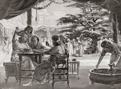 Radost v Babylonu při obnově města Esarhaddonem, z Hutchinsonovy Historie národů, vyd. 1915. od Margaret (after) Dovaston