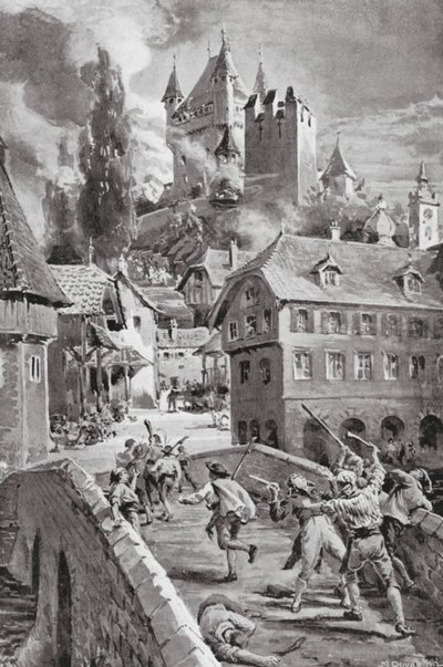 Vypálení hradu Wadenschwyl v roce 1804 (litografie) od Margaret (after) Dovaston