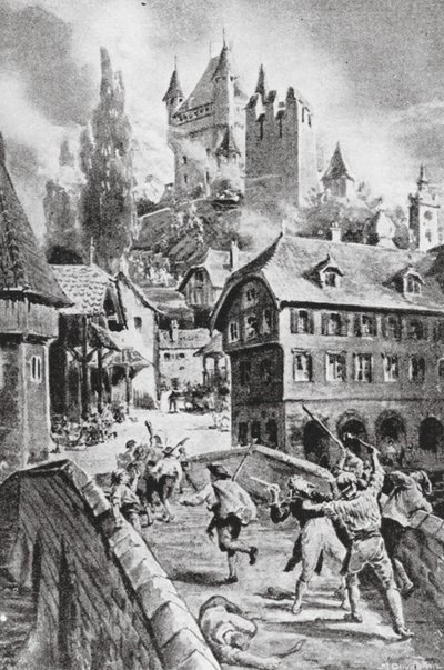 Vypálení hradu Wadenschwyl v roce 1804 (litografie) od Margaret (after) Dovaston
