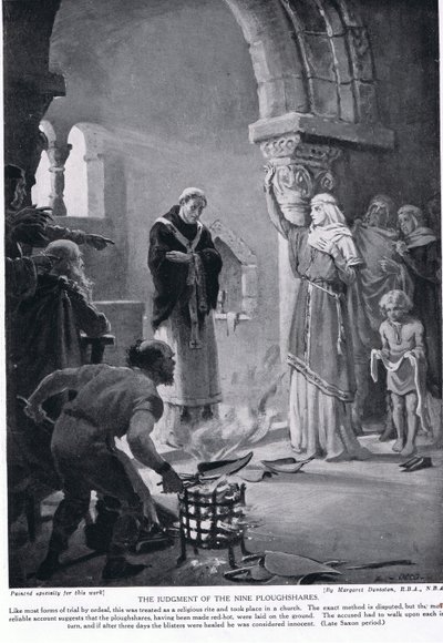 Soud devíti pluhů, ilustrace z "Hutchinsonových dějin národů", cca 1910 (litografie) od Margaret (after) Dovaston