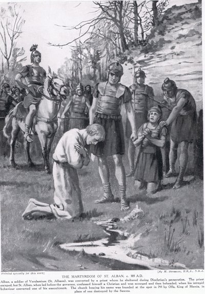 Umučení svatého Albana, ilustrace z Hutchinsonových Dějin národů, cca 1910 (litografie) od Margaret (after) Dovaston