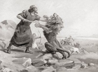 Tiglath-Pileser zabíjí lva, z Hutchinsonovy Historie národů, vyd. 1915. od Margaret (after) Dovaston
