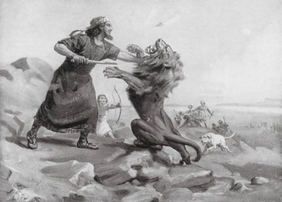 Tiglath-pileser I. zabíjí lva (litografie) od Margaret (after) Dovaston